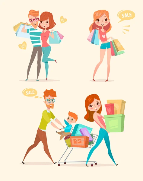 Flat design family. People and shopping — Stock Vector