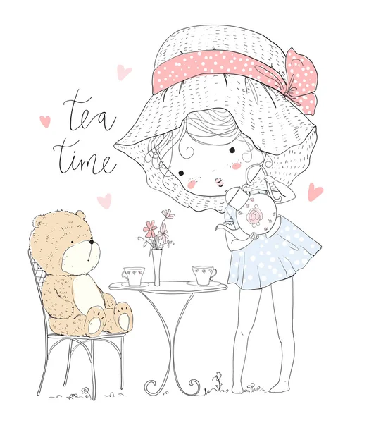 Fille avec thé et ours — Image vectorielle