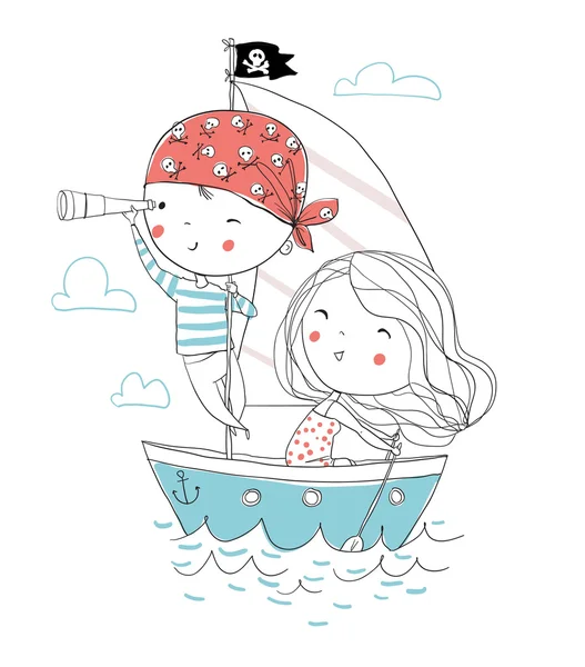 Pirate boy and girl in boat to sea — Stock Vector