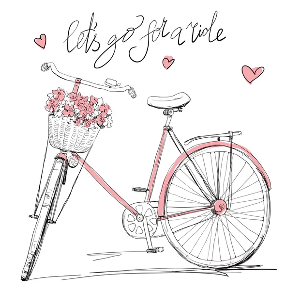 Linda bicicleta rosa con flores — Vector de stock