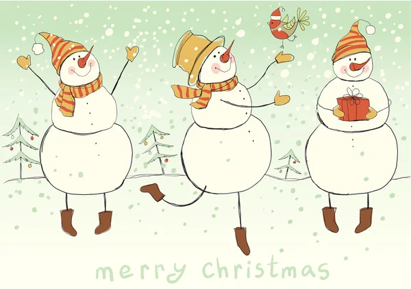 Three cute funny snowmen — Stock Vector