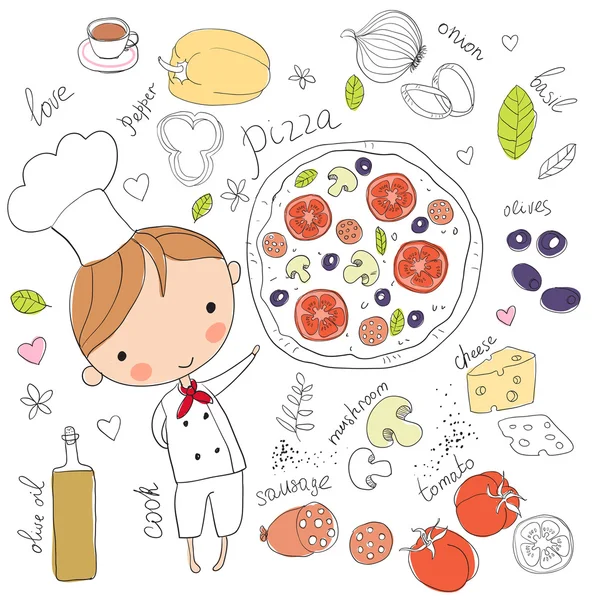 Lindo chef con pizza — Vector de stock