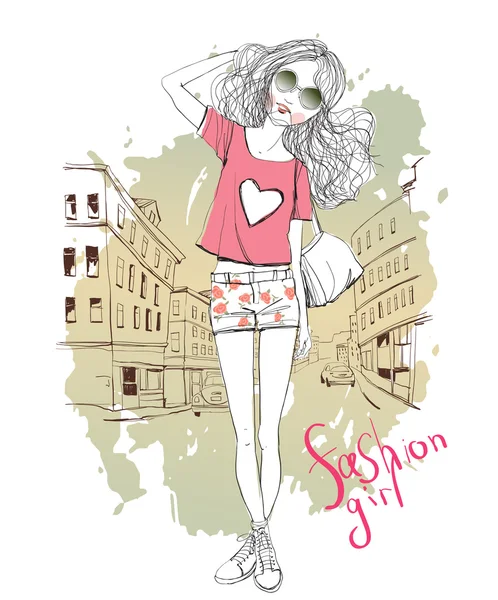 Fashion girl in city — Stock Vector