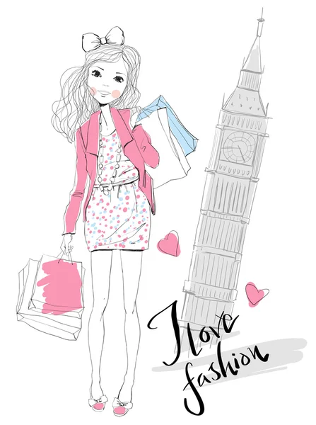 Fashion Girl travels world — Stock Vector