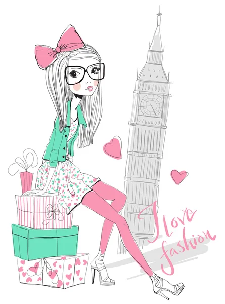 Fashion Girl travels world — Stock Vector