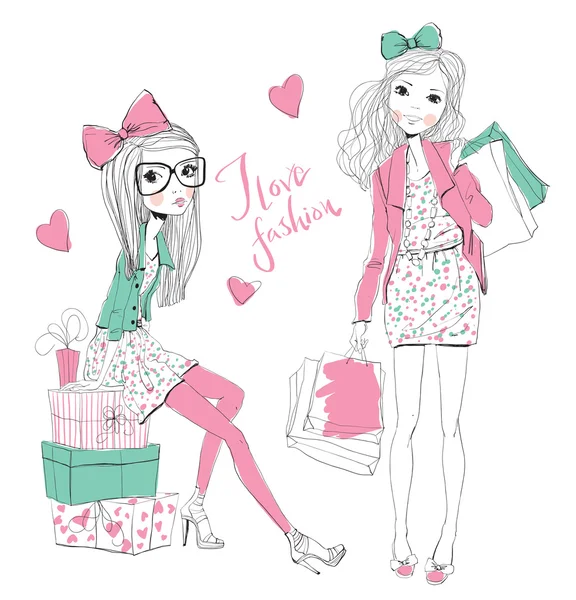 Mignon shopping filles avec des sacs — Image vectorielle