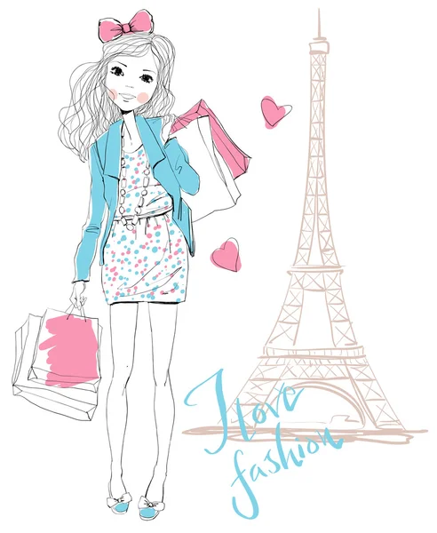 Chica de compras en París — Vector de stock