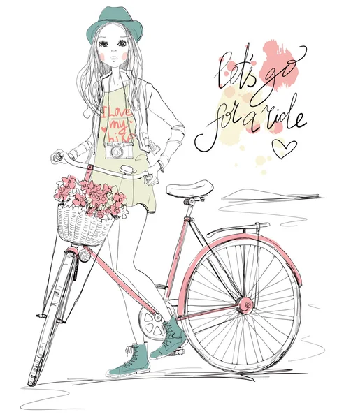 Χαριτωμένο κορίτσι με καπέλο με ποδήλατο — Διανυσματικό Αρχείο
