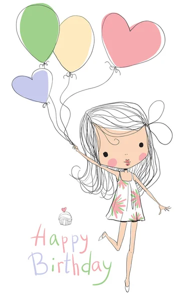 Linda chica celebración cumpleaños globos — Vector de stock