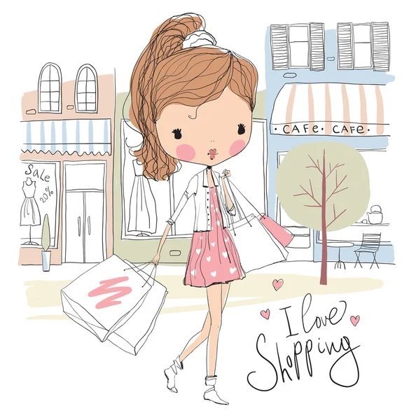 Linda chica con bolsas de compras — Vector de stock