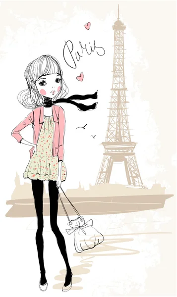 Jolie fille avec tour Eiffel — Image vectorielle