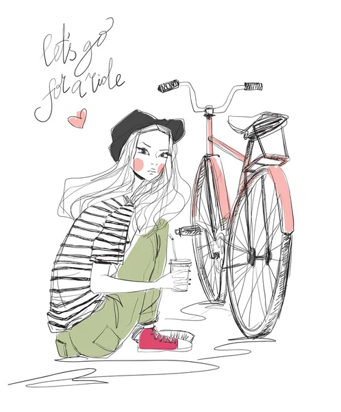 Cute girl with bicycle — Stock Vector