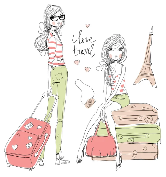 Fashion Girls travels world — Stock Vector