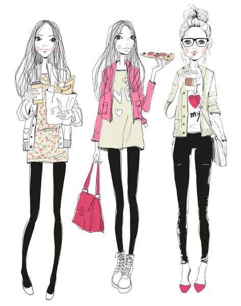 Fashion girls with food — Stock Vector