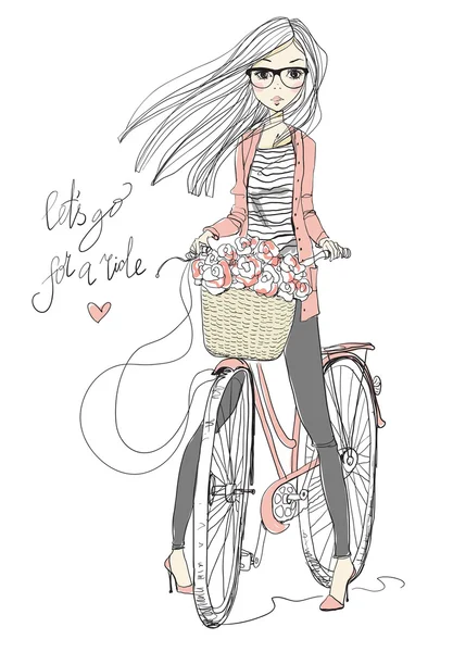 Söt tjej med cykel — Stock vektor