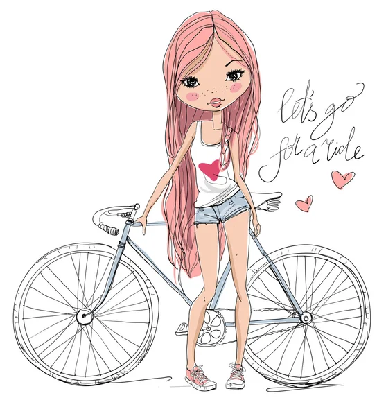 Linda chica con bicicleta — Vector de stock