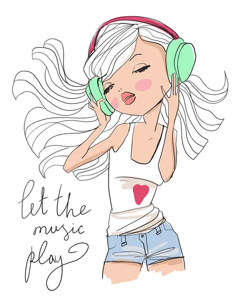 Linda chica escuchando música — Vector de stock