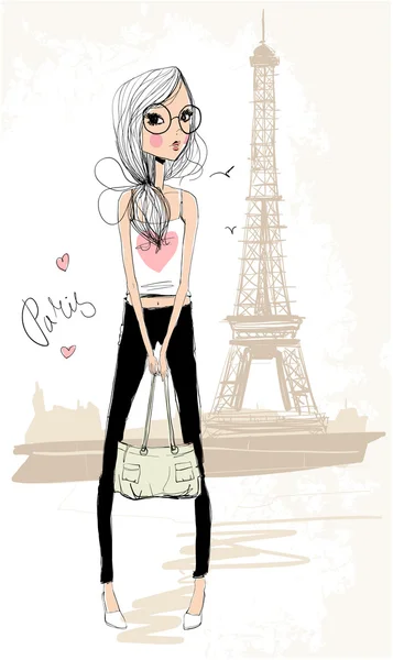 Jolie fille avec tour Eiffel — Image vectorielle