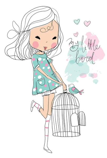 Cute girl with birdcage — Stock Vector