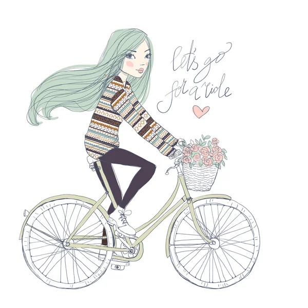 Leuk meisje met fiets — Stockvector