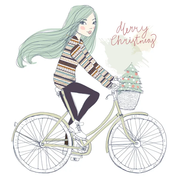 Linda chica con bicicleta — Vector de stock