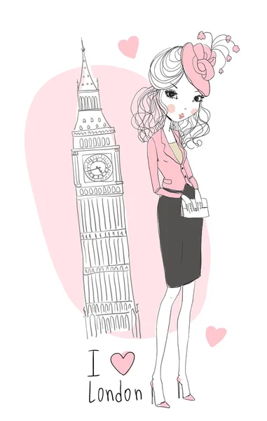 Menina da moda com Big Ben —  Vetores de Stock