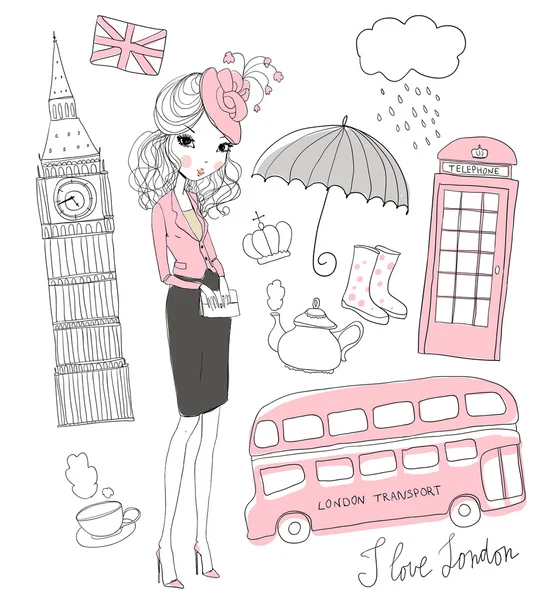 Chica de moda sobre fondo de Londres — Vector de stock