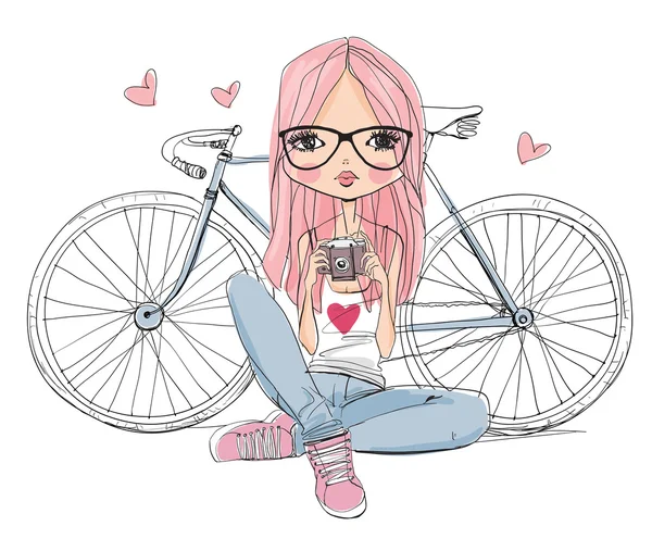 Menina bonito com bicicleta — Vetor de Stock