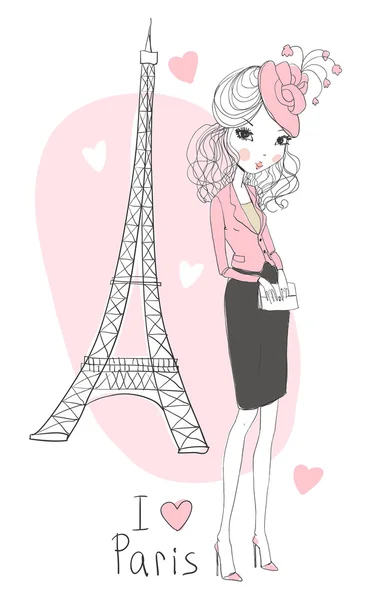 Linda chica con tour Eiffel — Archivo Imágenes Vectoriales