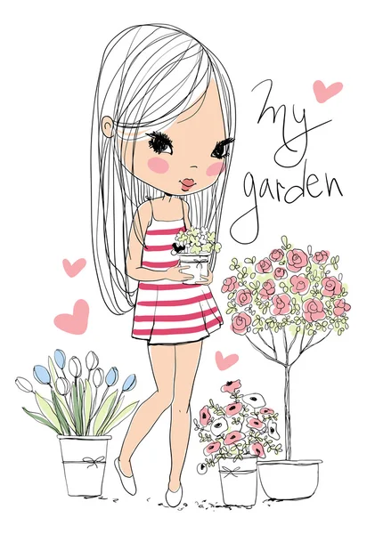 Linda chica con flores — Vector de stock