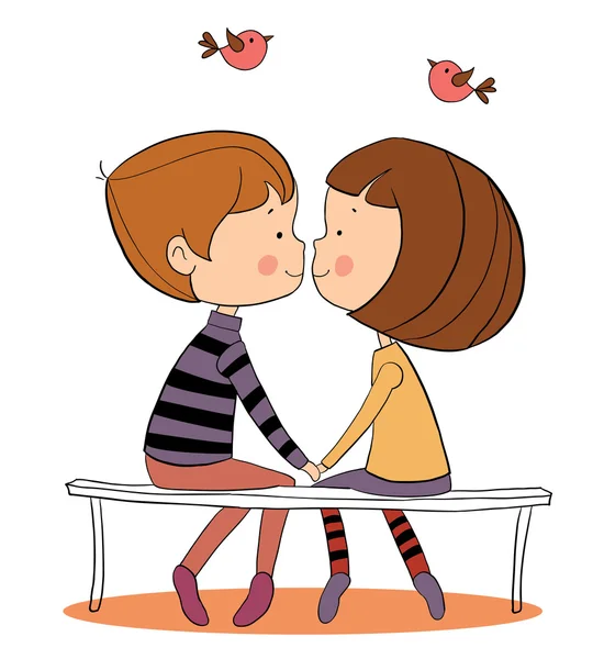 Küssendes Paar sitzt auf einer Bank — Stockvektor