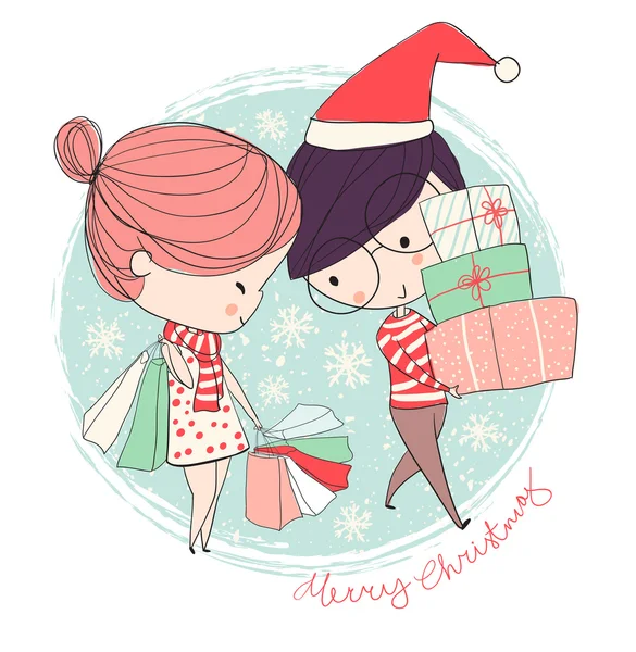 Κορίτσι και αγόρι. Χριστουγεννιάτικη κάρτα. — Διανυσματικό Αρχείο