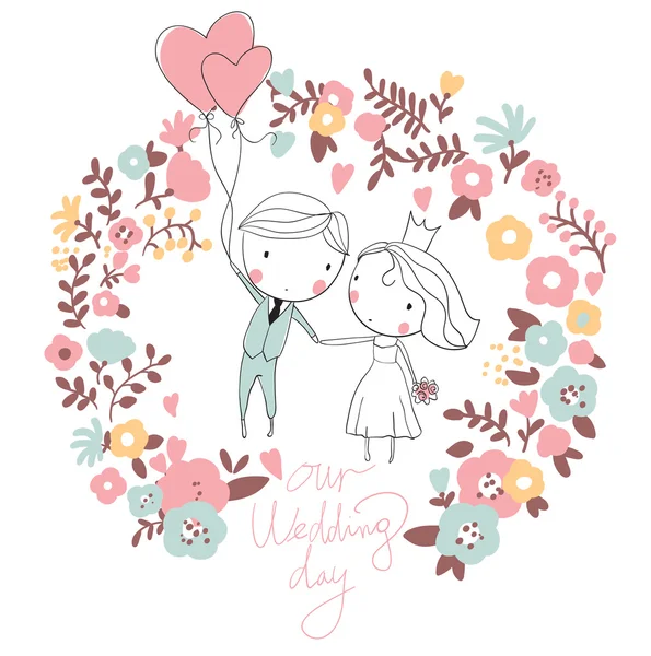 Tarjeta de boda. Novia y novio — Vector de stock