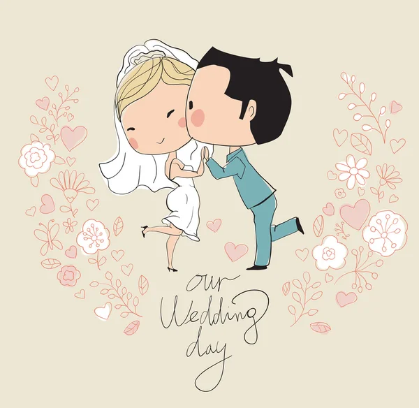 Tarjeta de boda. Novia y novio — Vector de stock