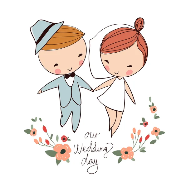 Tarjeta de boda. Novia y novio — Vector de stock