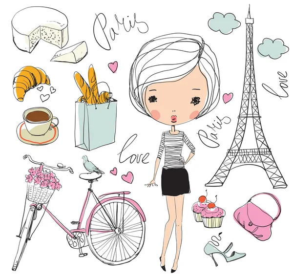 Cute girl with bicycle — Stock Vector