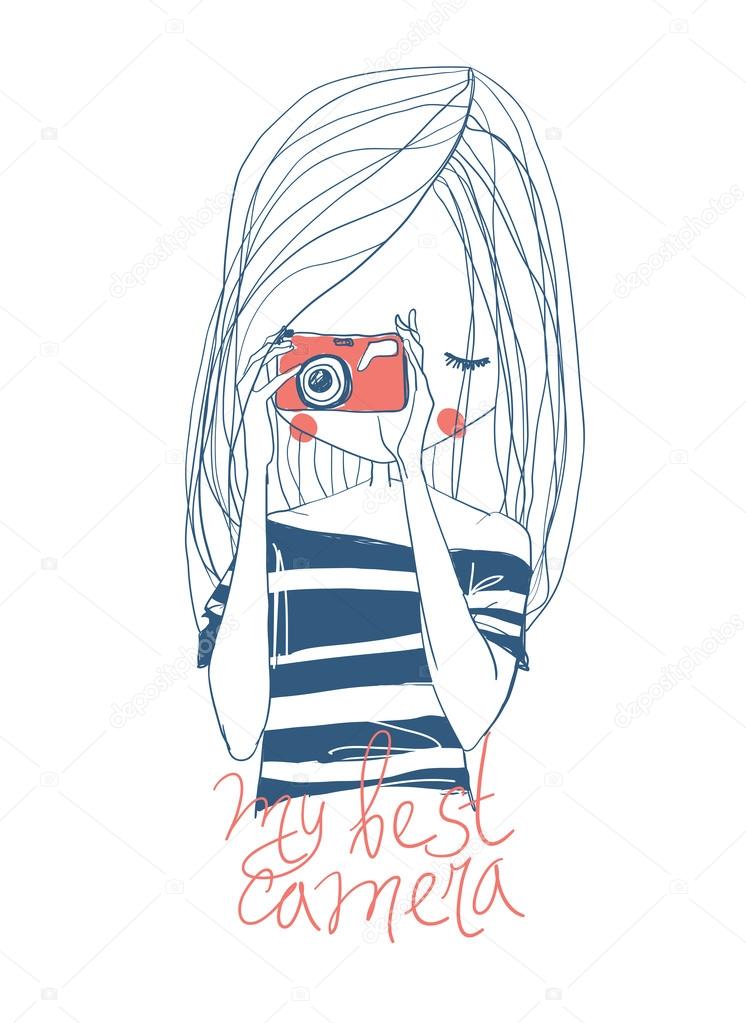 Girl with camera and lettering on white background