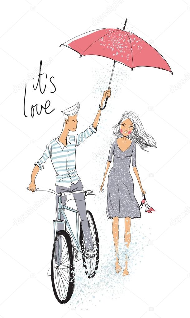 Boy and girl in love under rain Stock Vector by