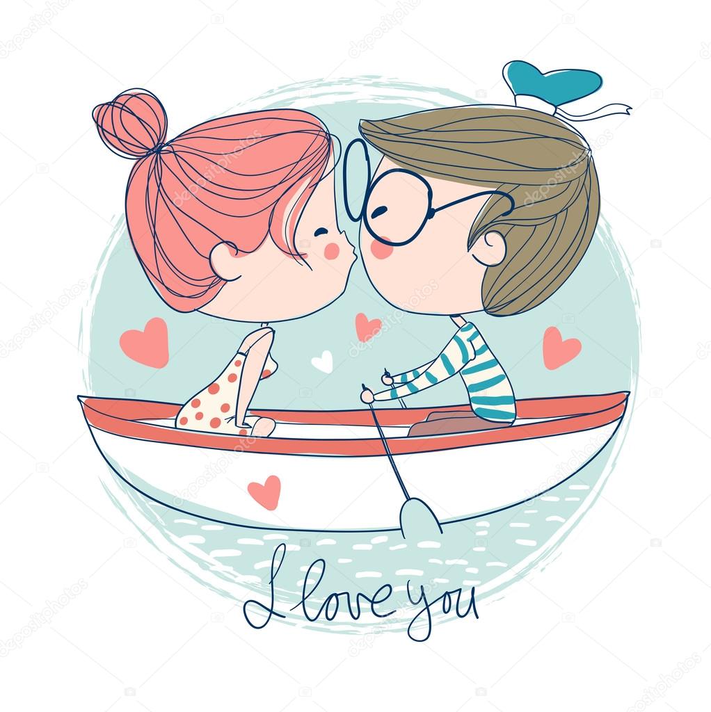 Cute couple kissing sitting on boat