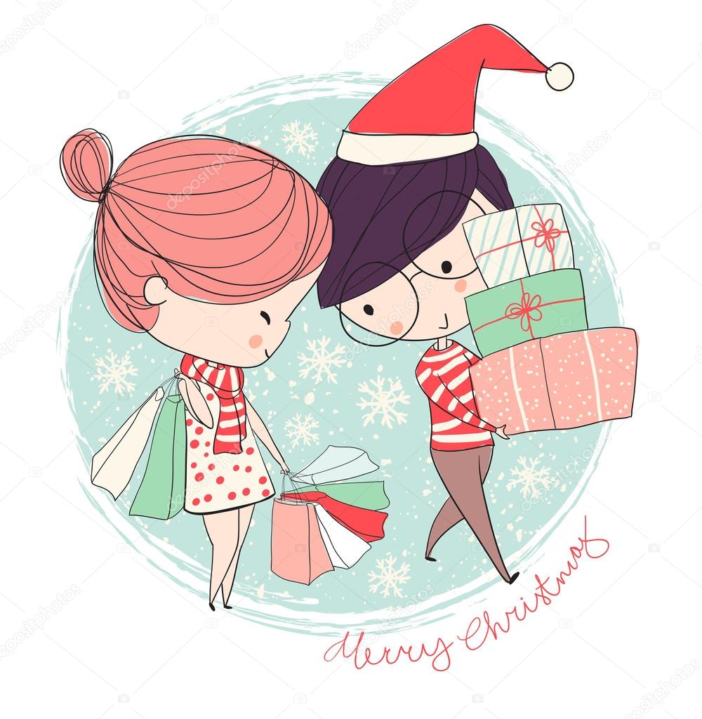 Girl and boy. Christmas card.