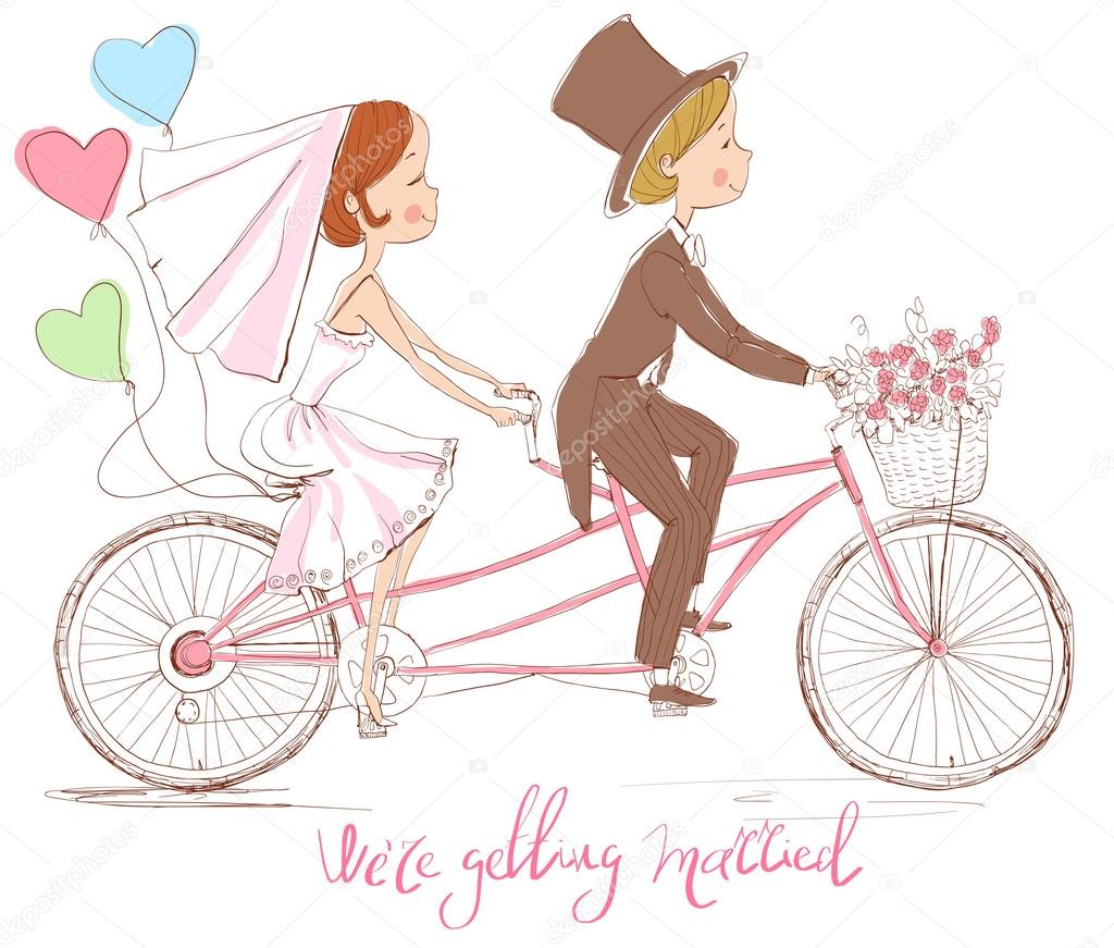The bride and groom on tandem bicycle