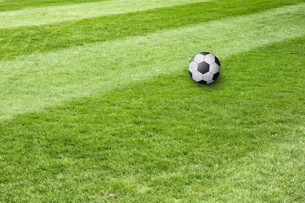 Soccer ball on grass field background — Stock Photo, Image