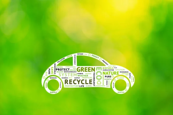 Conceptual eco green car driving with word eco tags — Stock Photo, Image