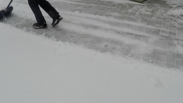 Un homme nettoie la neige remplie devant sa maison — Video