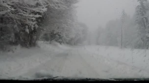 Медленное движение автомобиля по сельской дороге при сильном снегопаде — стоковое видео