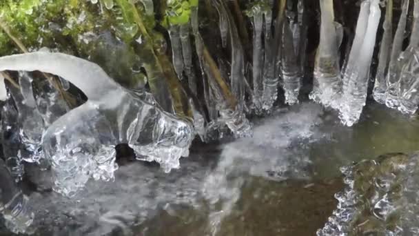 Slow motion bevroren stream met hangende ijspegels — Stockvideo