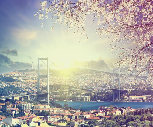 Puente sobre el Bósforo al atardecer de primavera, Estambul, Turquía — Foto de Stock