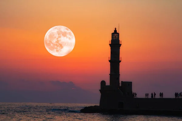 Prachtig Uitzicht Vuurtoren Oude Haven Chania Kreta Griekenland Tijdens Een — Stockfoto