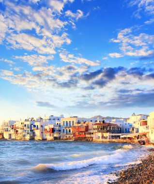 Renkli küçük Venedik Mykonos island, Yunanistan. İş ve seyahat kavramı