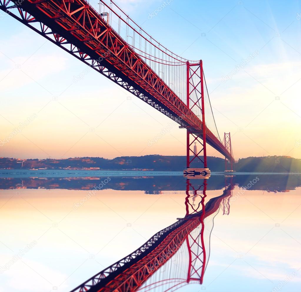 Red bridge at the sunset. abstract business concept. Vintage style travel concept